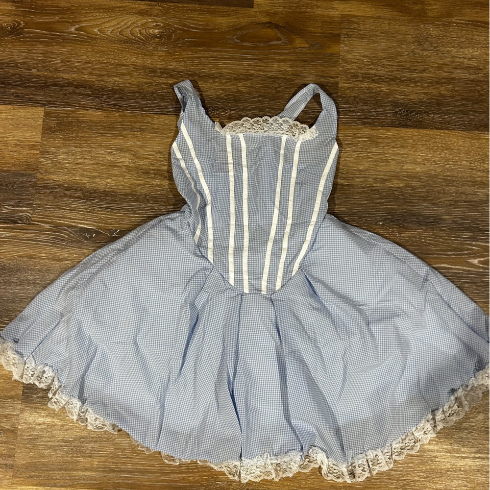 Blue and White Gingham Dress with Lace Trim